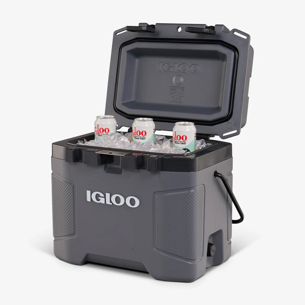 Gray Igloo cooler with ice and drinks on a white background