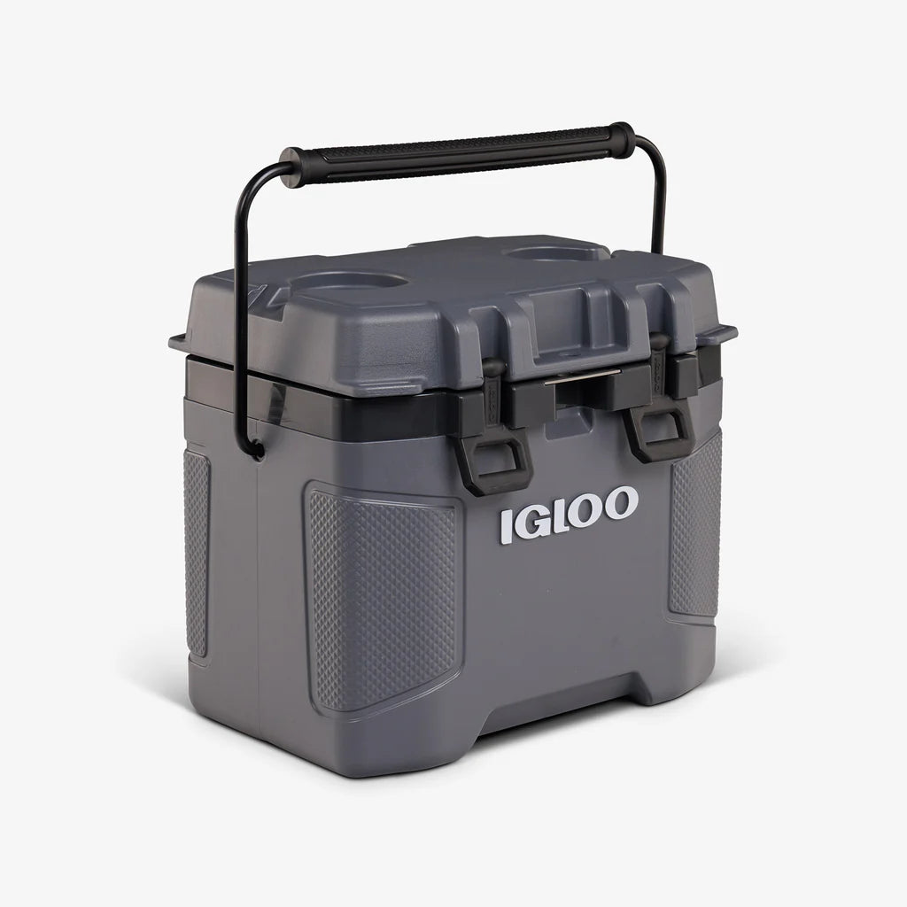 Gray Igloo cooler box with black handle on a white background