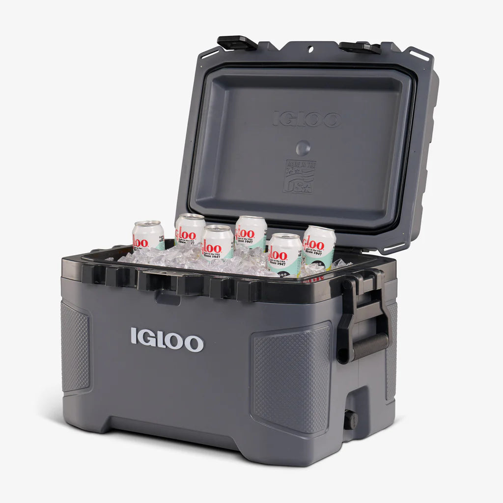 Gray Igloo cooler with open lid showing bottles and ice cubes on a white background