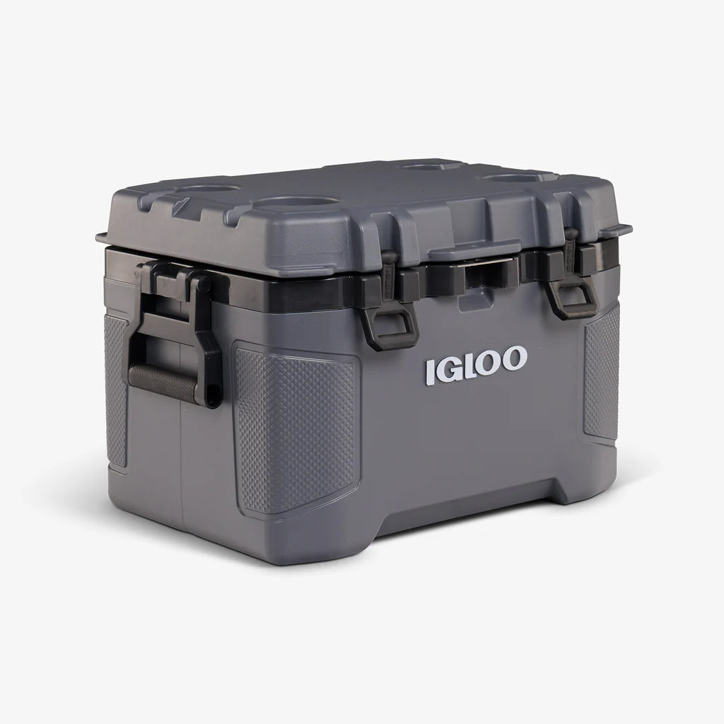 Gray cooler box with 'Igloo' branding on a white background