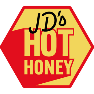 Hexagonal logo for JD's Hot Honey with red and yellow colors.