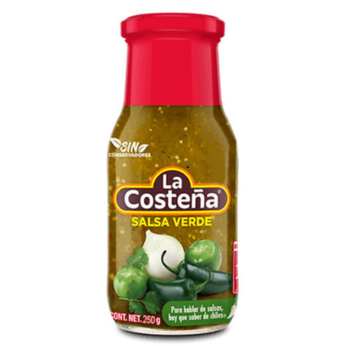 Bottle of La Costena Salsa Verde with a red cap on a white background