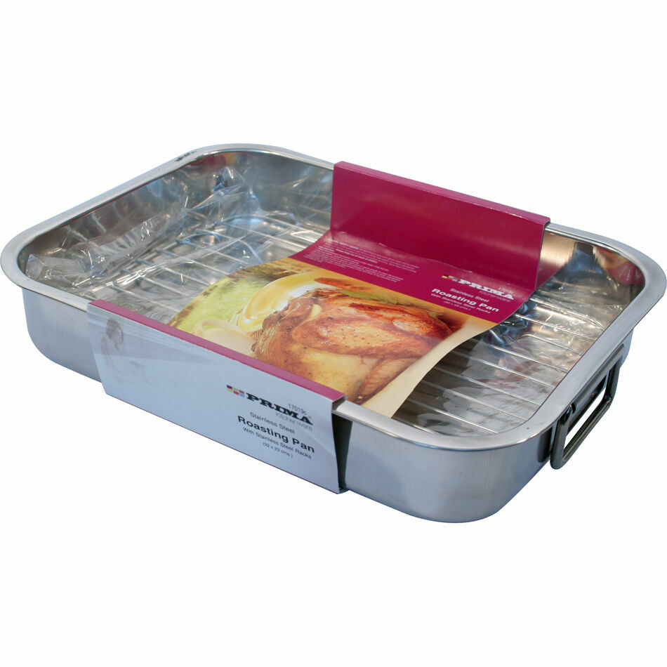 Aluminium roasting pan with a rack and handles on a white background