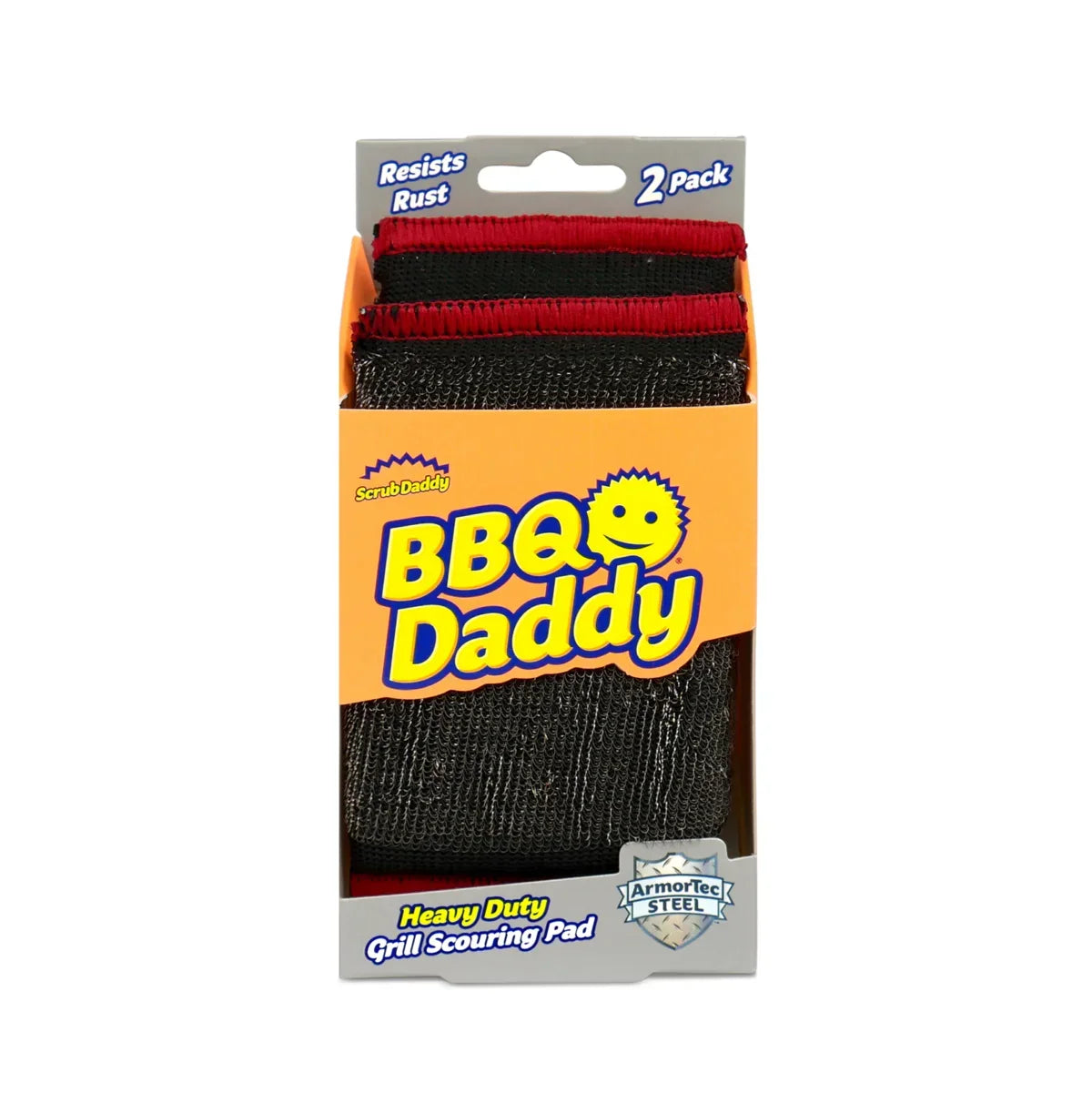 Pack of BBQ Daddy grill scouring pads with visible branding on a white background