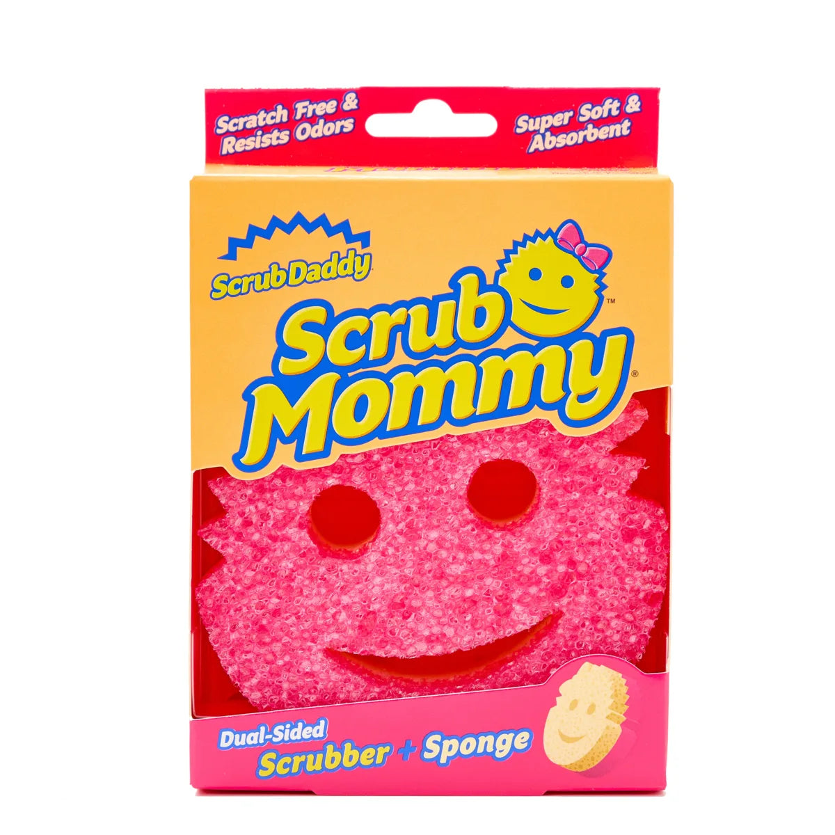 Scrub Mommy dual-sided scrubber and sponge packaging with Scrub Daddy branding.