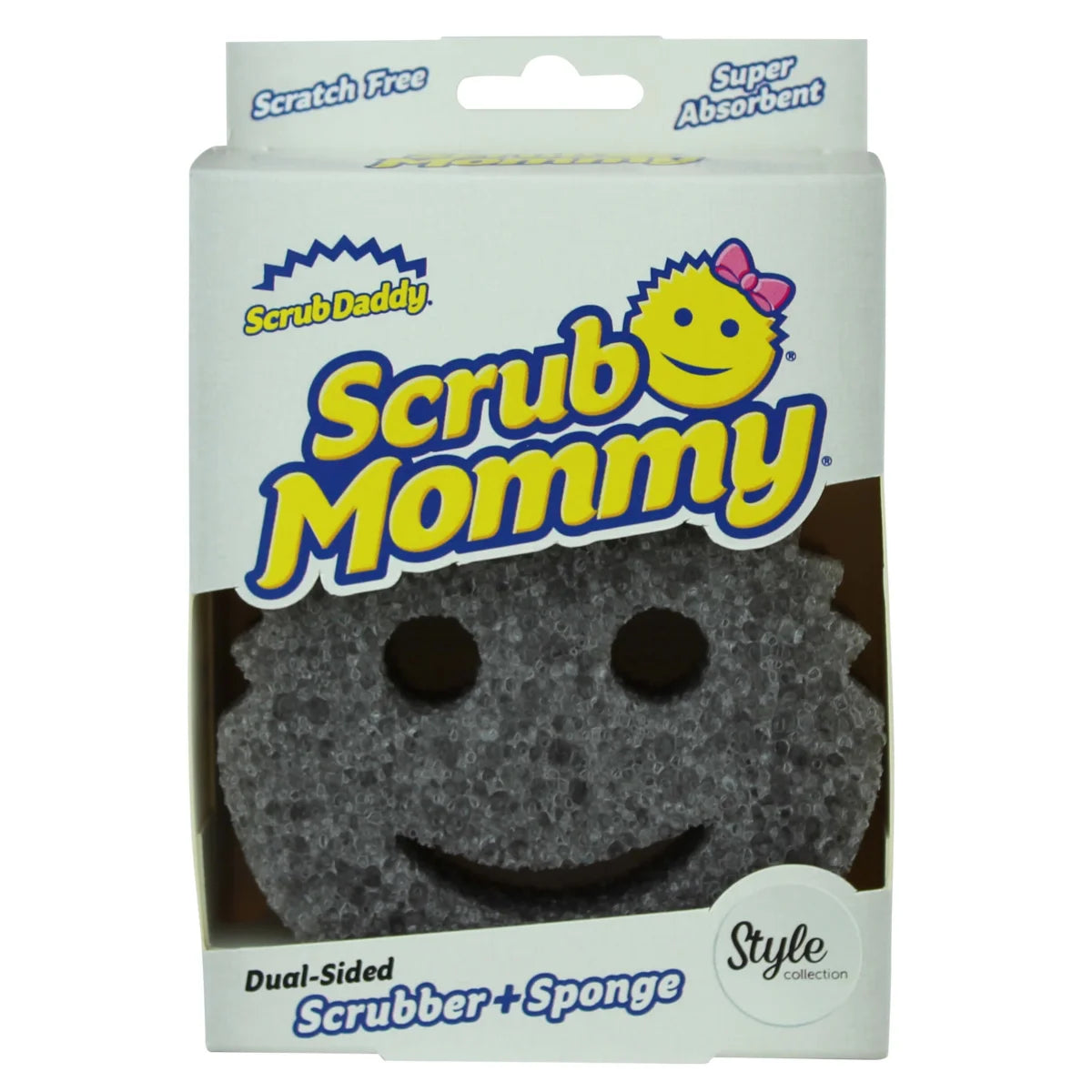 Scrub Daddy Scrub Mommy packaging with a smiley face sponge on a white background