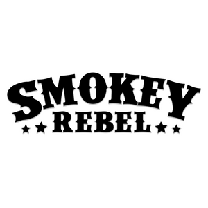 Black 'Smokey Rebel' text with stars on a white background