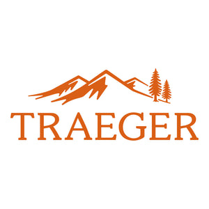 Traeger logo with mountains and trees in orange on a white background
