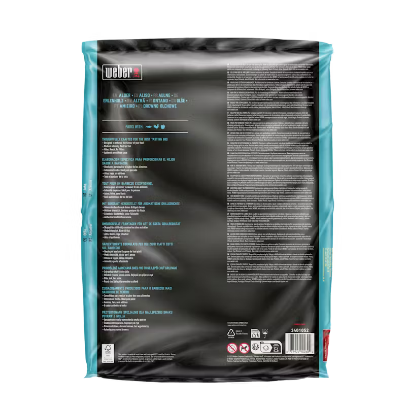 Back view of a Weber alder pellets with text and branding on a black background