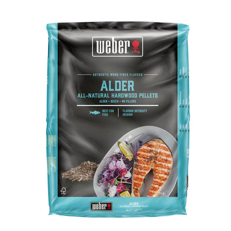 Weber Alder hardwood pellets packaging with a grilled salmon image on a black background