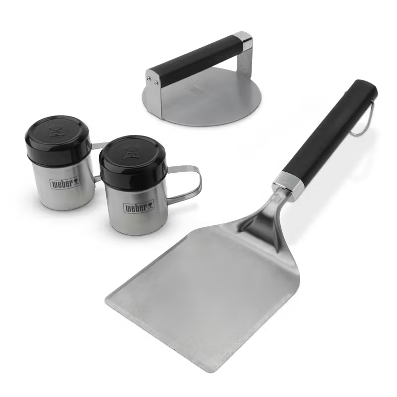 Weber Griddle Smashed Burger Utensil Set including 2 seasoning shakers, burger press, and spatula