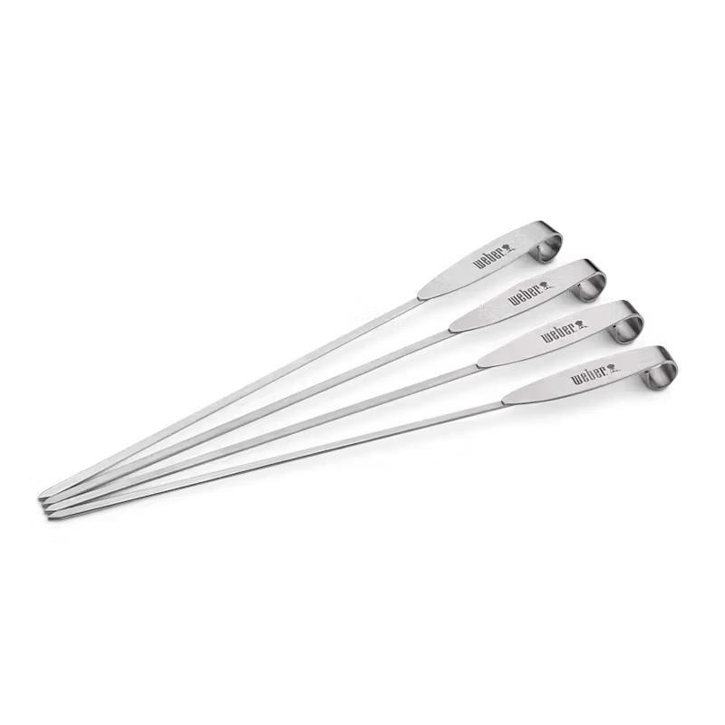4 Weber Branded Stainless Steel Skewers on a White Background