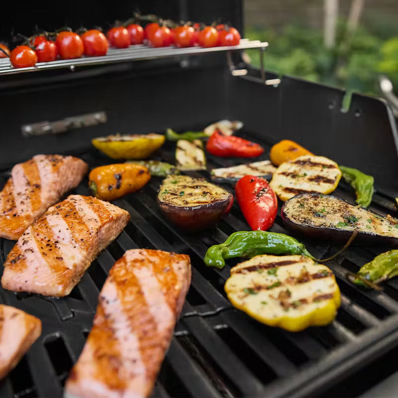 Grilled salmon and vegetables on a barbecue grill